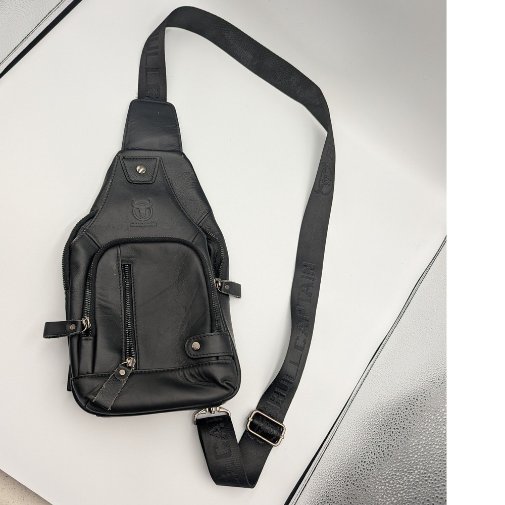 Bullcaptain Sling Bag Black Leather USB Charging Port Chest Pack Small